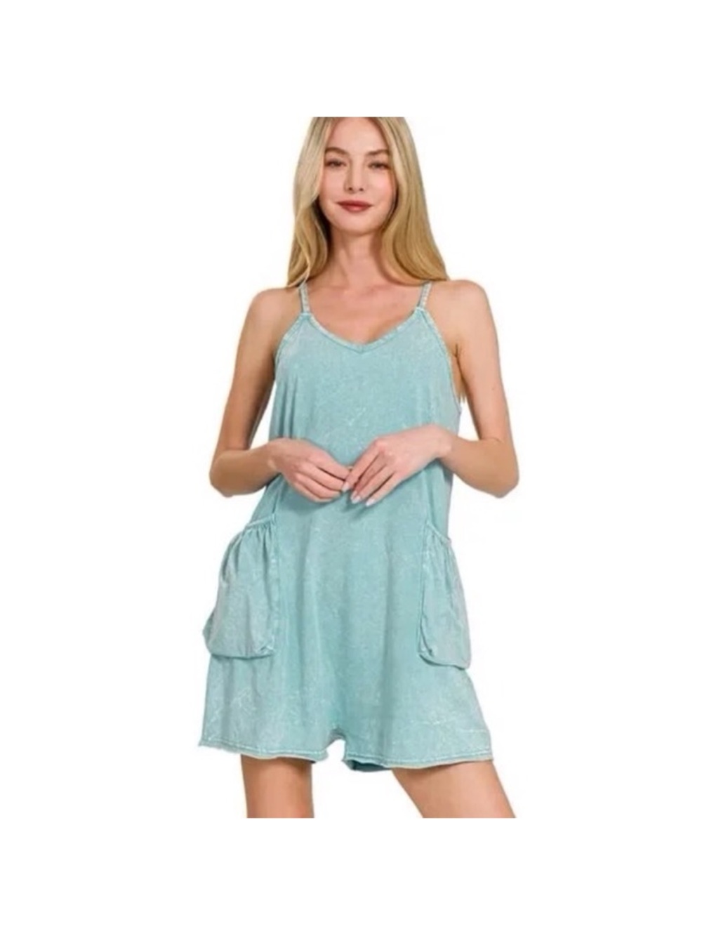 Zenana Mineral Wash Cotton Romper with Cargo Pockets